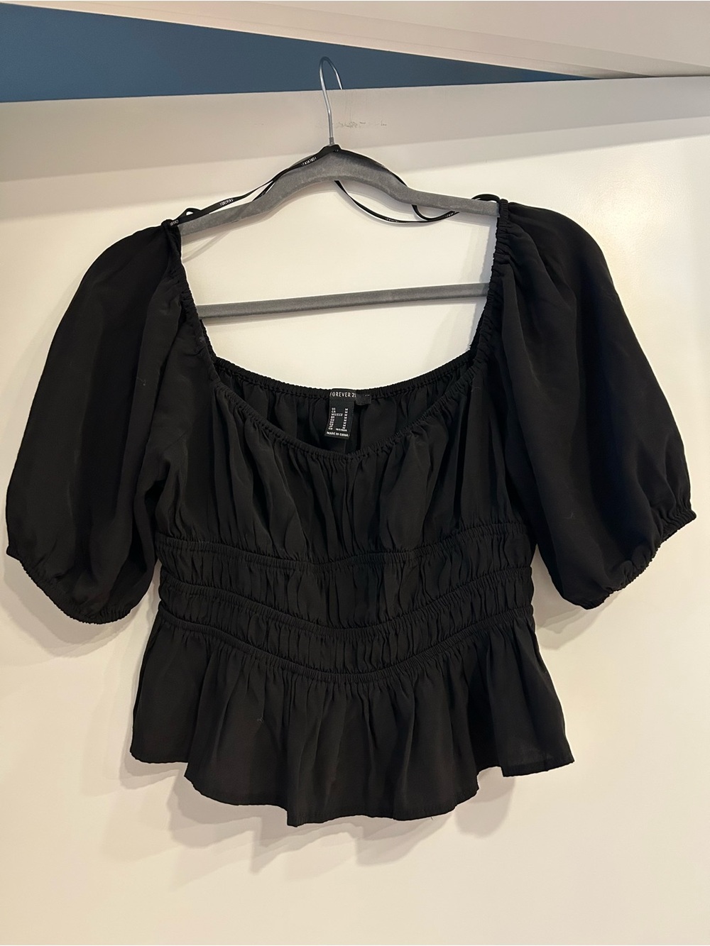 Forever 21 Black Smocked Peplum Puff-Sleeve Top